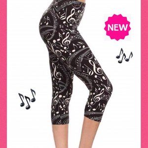 NEW Womens Music Note Capri Leggings Cropped Yoga Pants